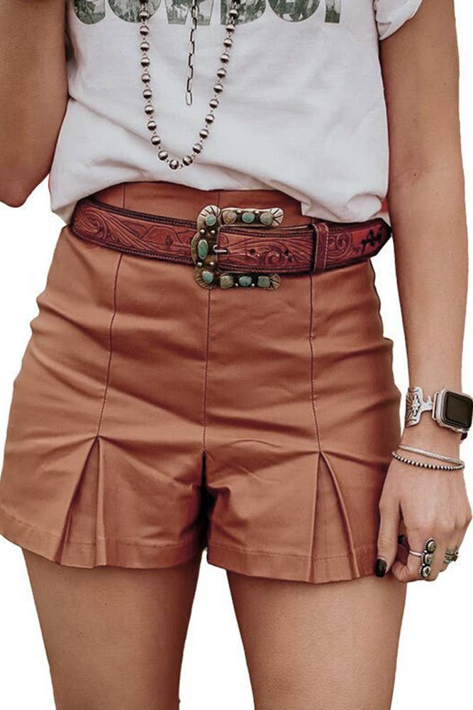 Pleated Split Hem Satin Shorts - Shiny Amber FINAL SALE