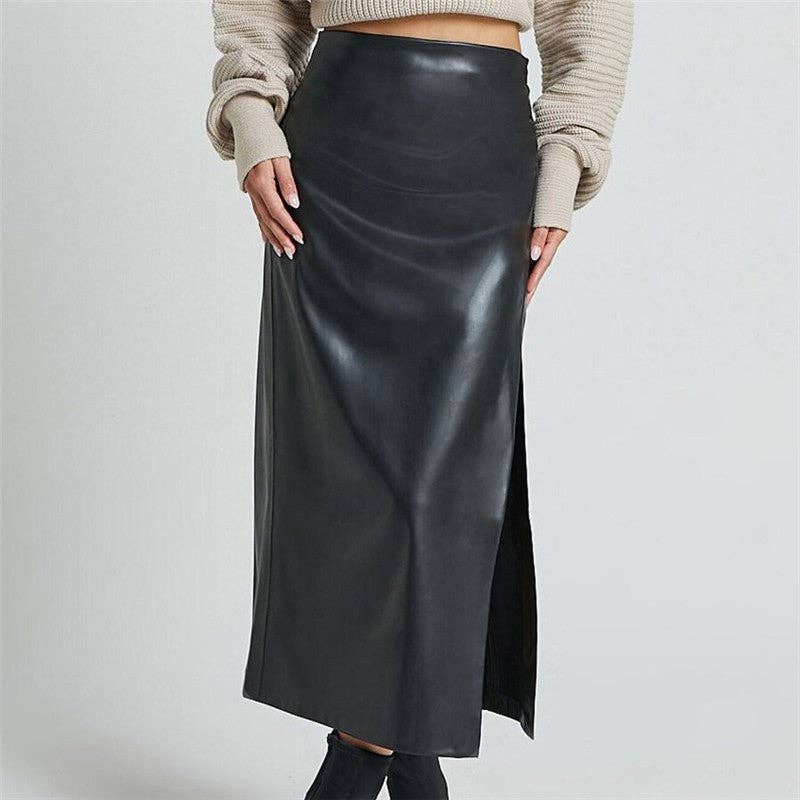 High Waist PU Leather Midi Skirt With Side Slit - Black