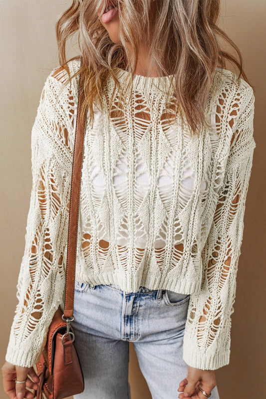 Cut Out Crochet Crew Neck Sweater - Cream