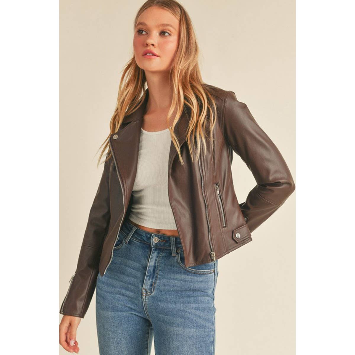 Biker Faux Leather Jacket - Dark Brown/Chocolate