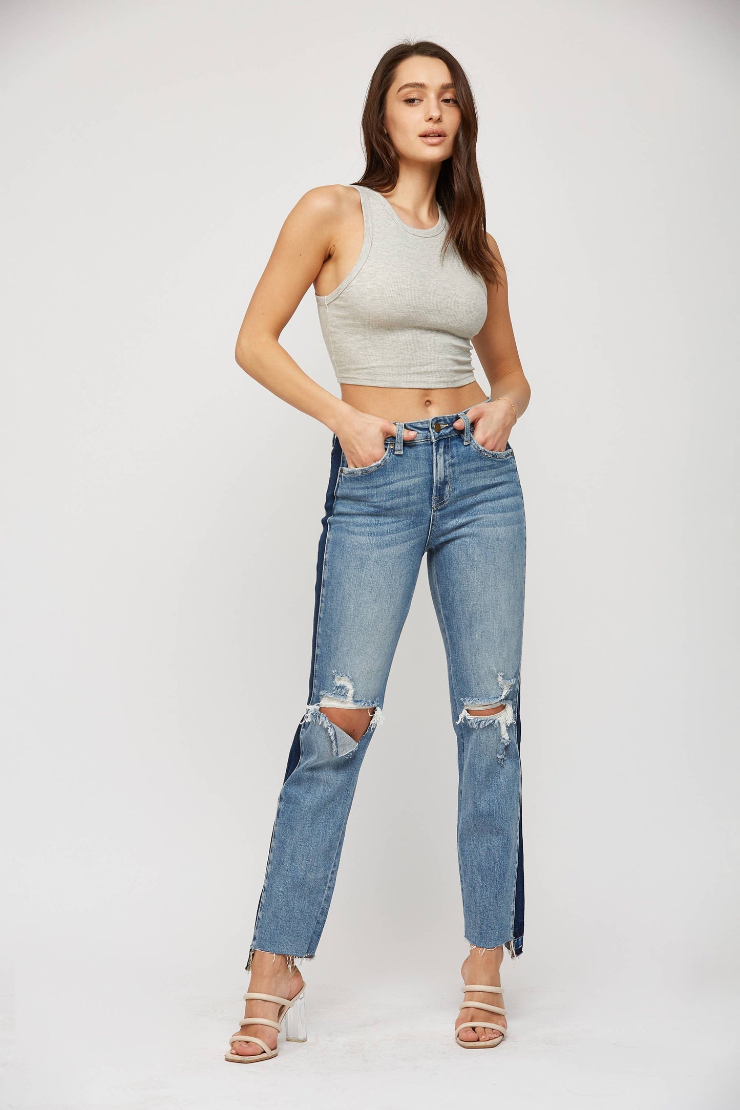 High-Rise Color Block Straight Leg Jeans - Medium Wash