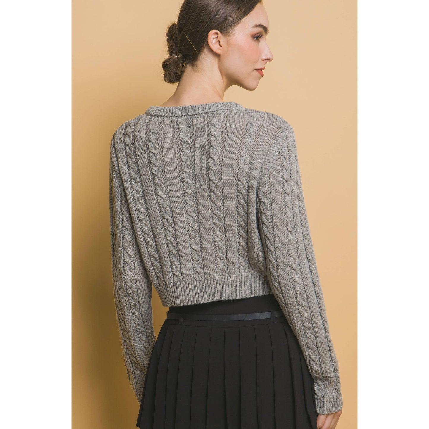 Cropped Sweater w/Bows - Light Grey & Black