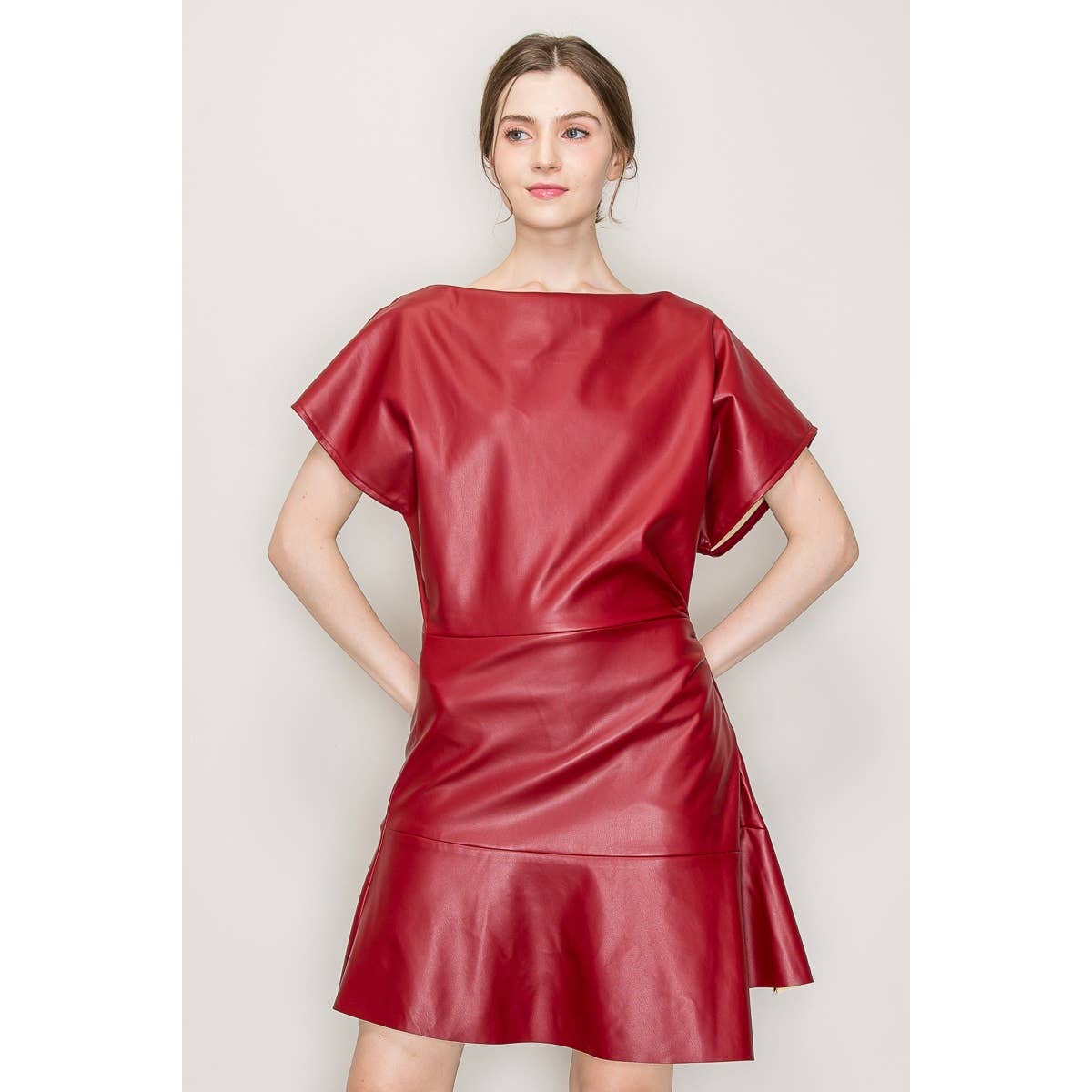 Boat Neck Faux Leather Short Sleeve Mini Dress - Burgundy