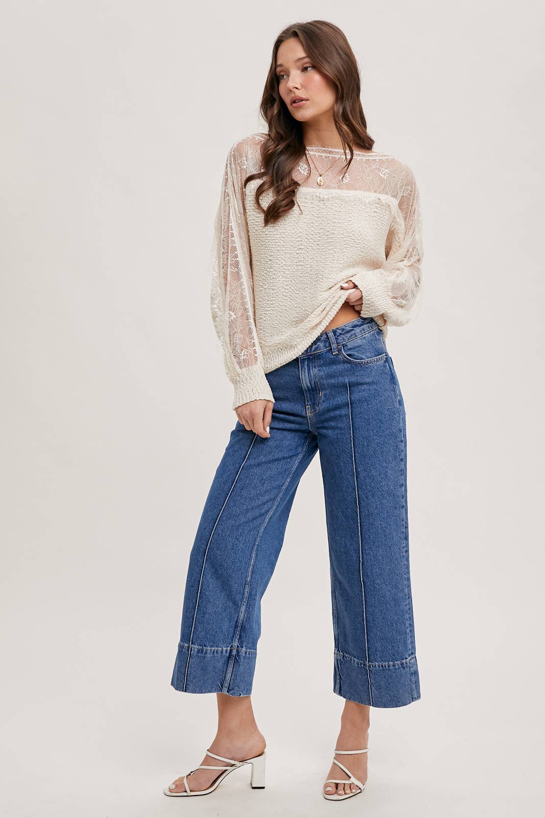 Boat Neck Lace Trimmed Knit Sweater: Pink Beige