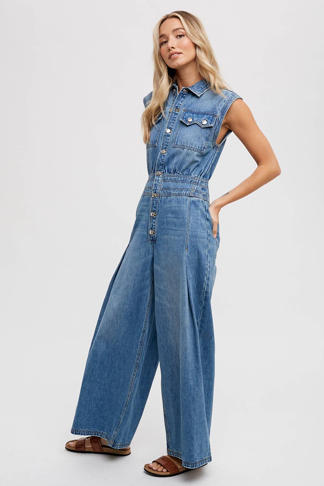 Denim Sleeveless Jumpsuit: Light Wash FINAL SALE