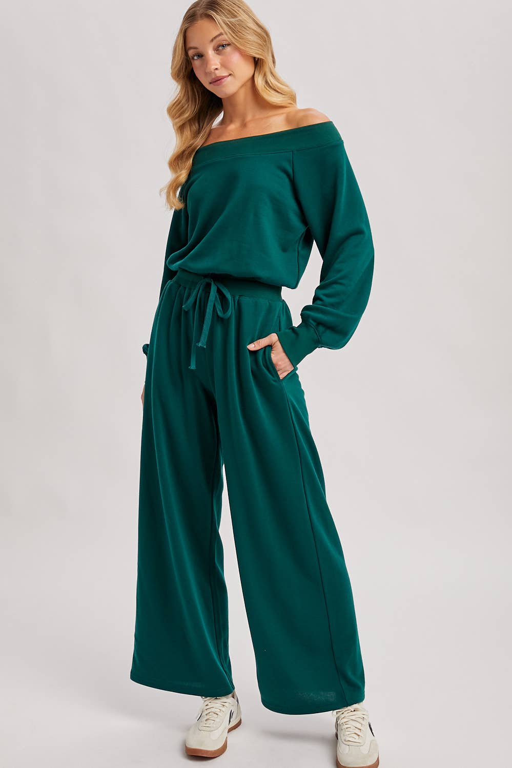 FINAL SALE! Wide Neck Off The Shoulder Knit Jumpsuit: Pine