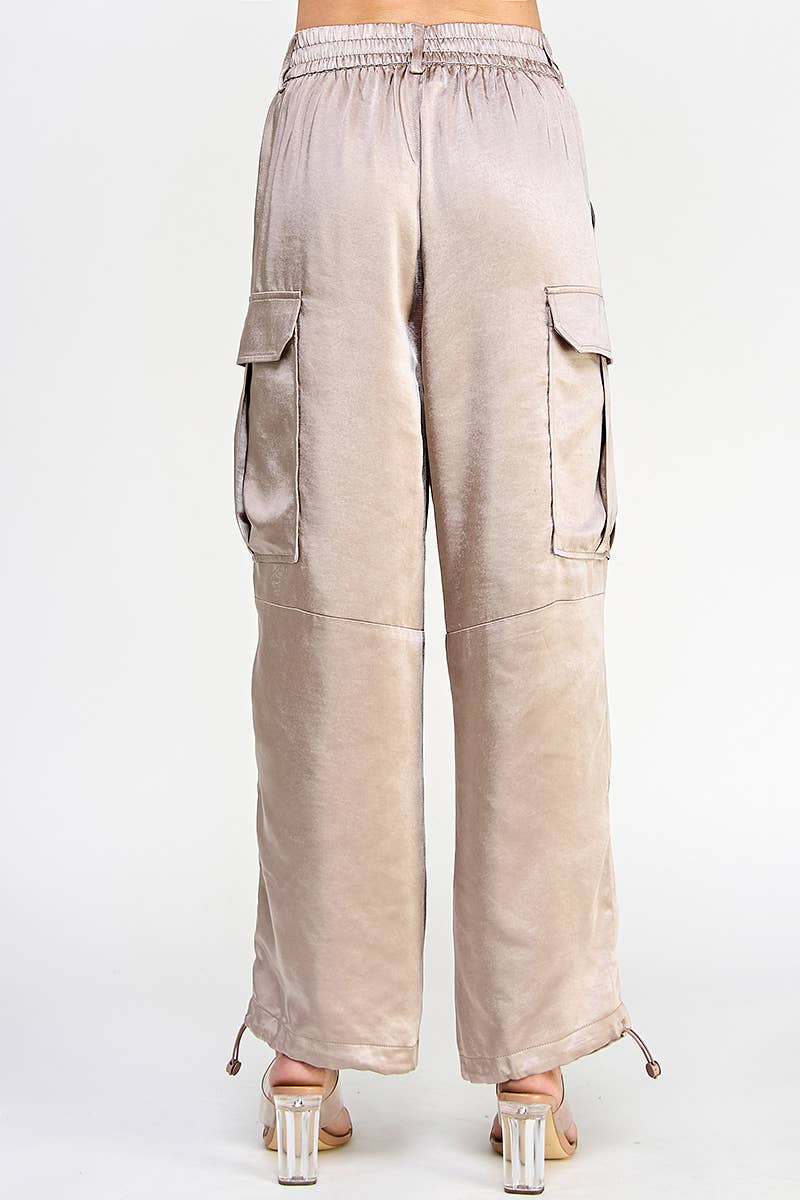 Silky Banded Waist Wide Leg Cargo Pants - Mushroom