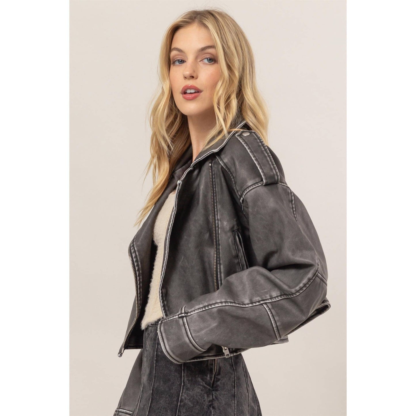 Washed Pu Rider Jacket - Charcoal