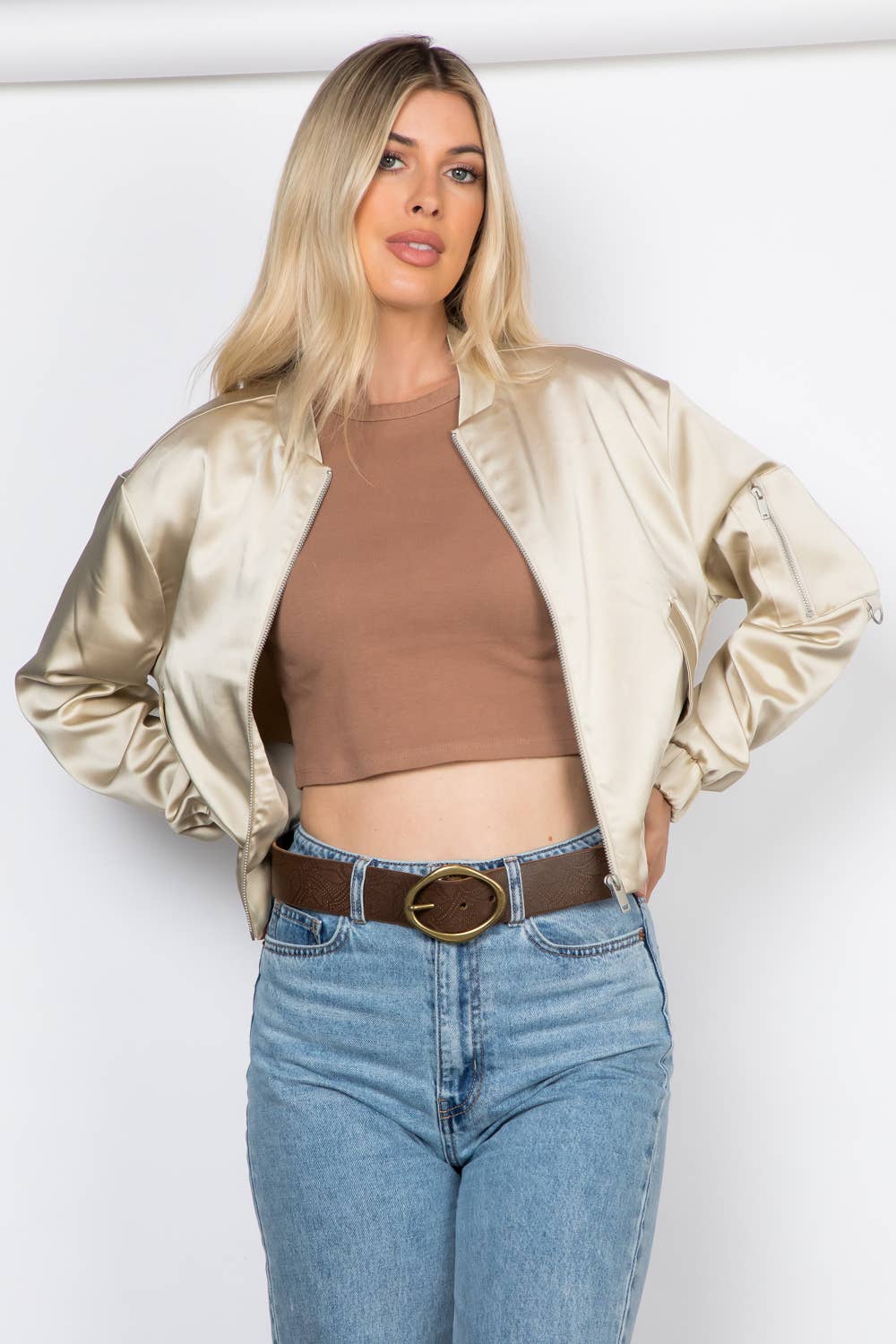 Satin Zip Up Bomber Jacket - Stone/Khaki
