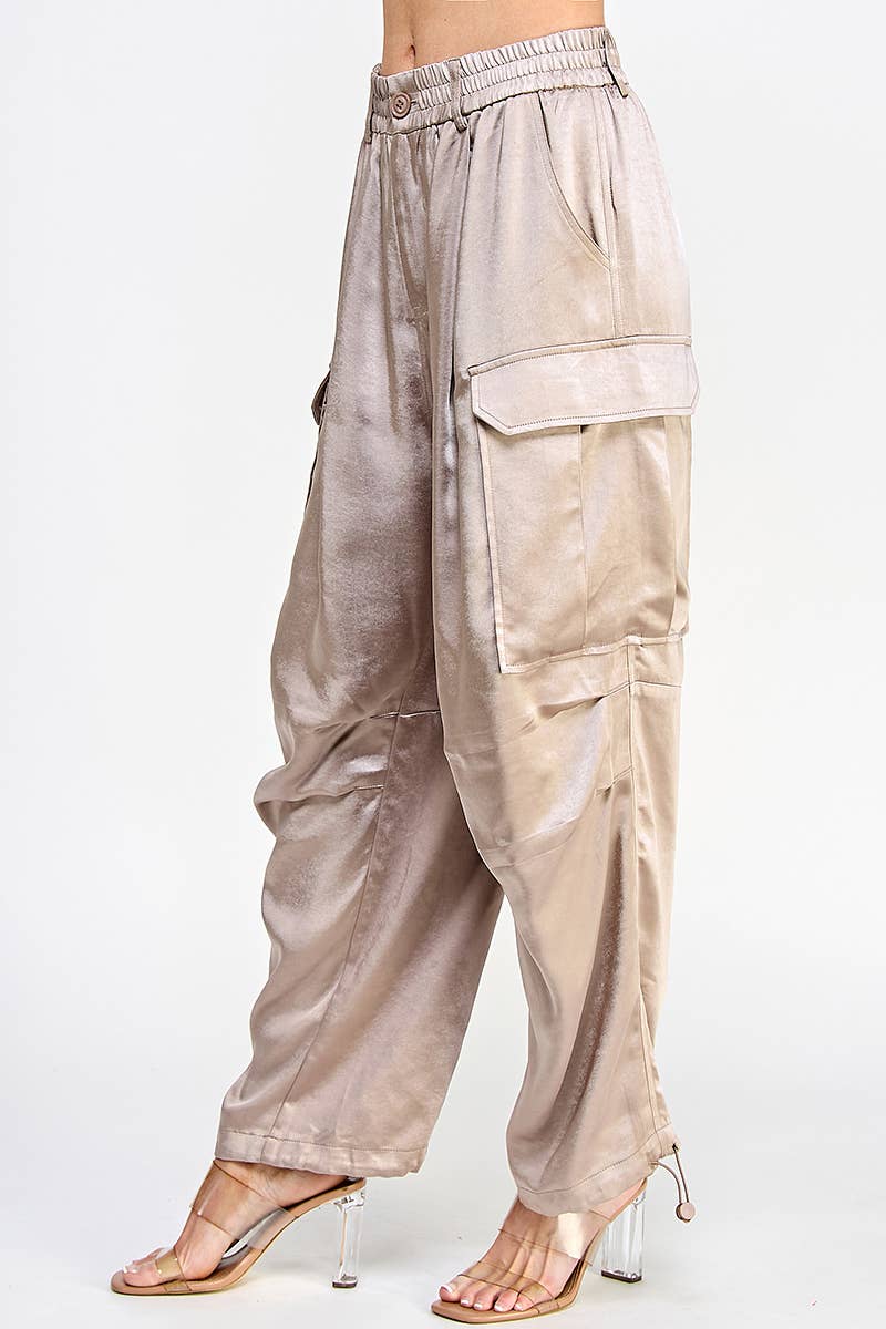 Silky Banded Waist Wide Leg Cargo Pants - Mushroom