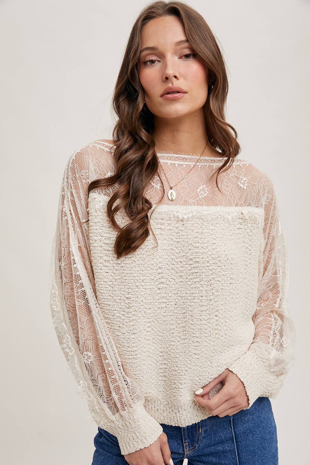 Boat Neck Lace Trimmed Knit Sweater: Pink Beige