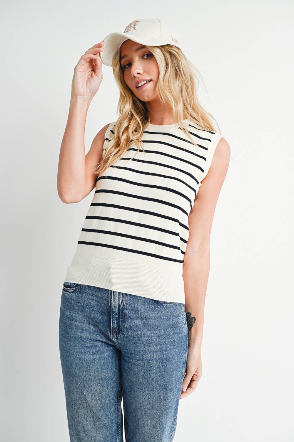 Striped Muscle Knit Tank Top - Cream/Black