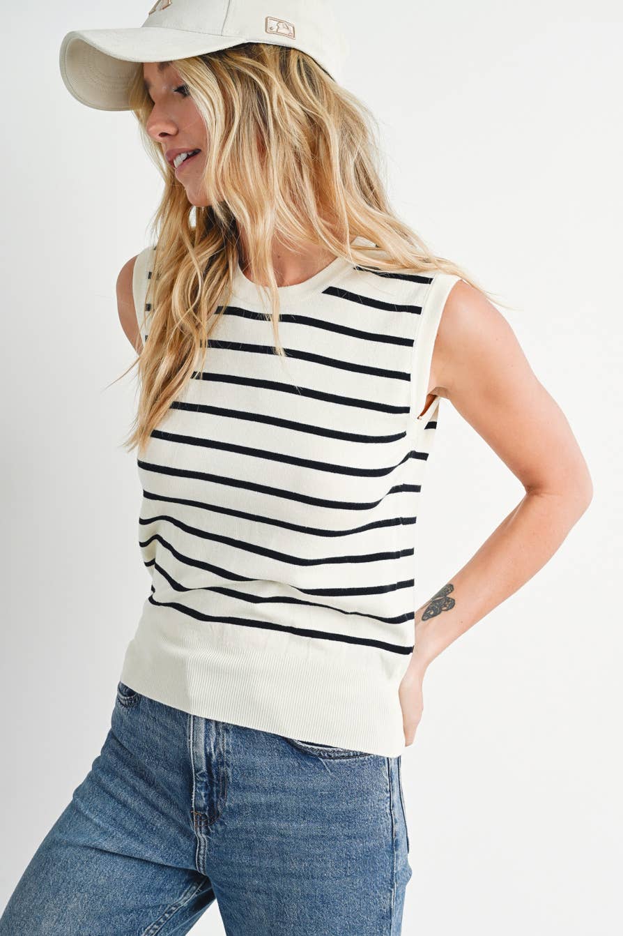 Striped Muscle Knit Tank Top - Cream/Black