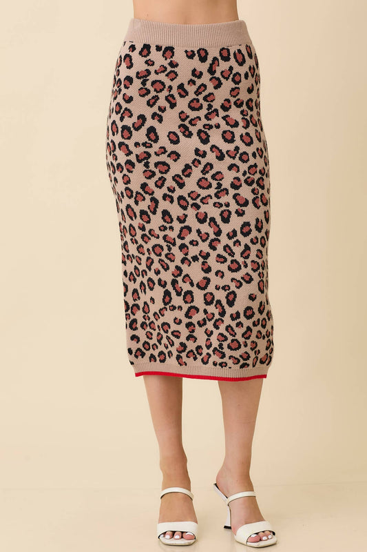 Leopard Sweater Knit Midi Skirt - Warm Leopard Print