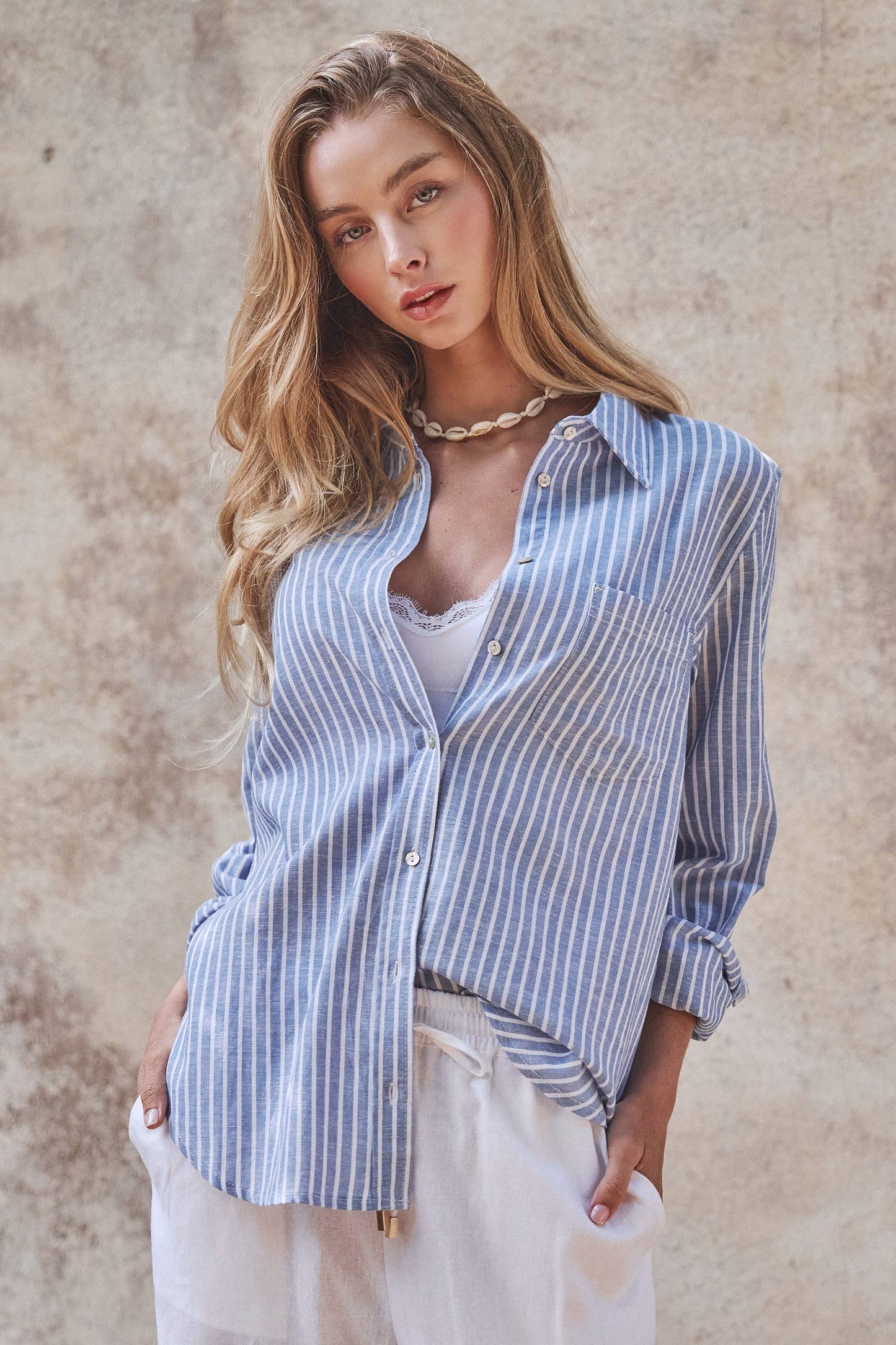 Coastal Striped Button Down Shirt - Delph/Oxford Blue & White
