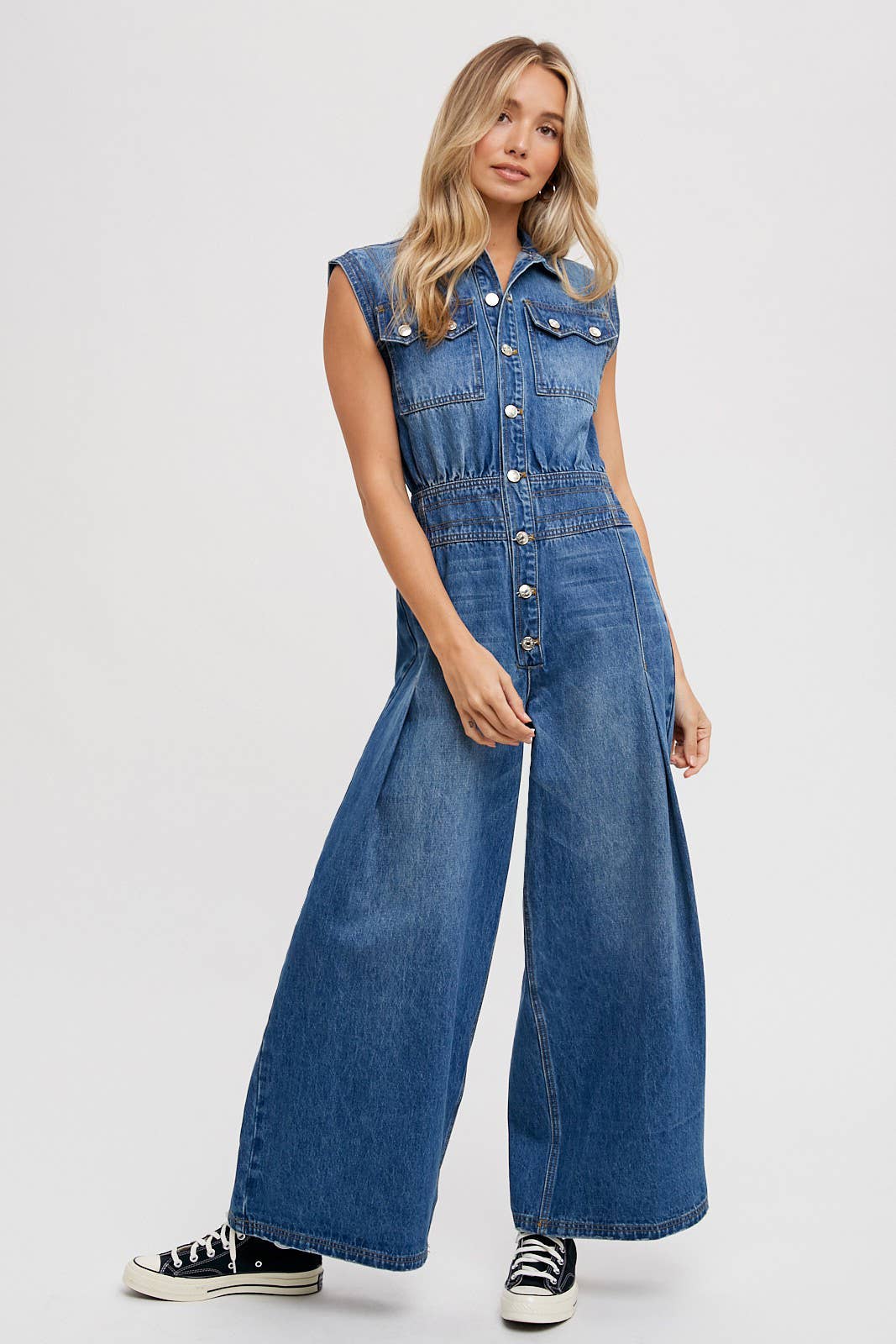 Denim Sleeveless Jumpsuit: Medium Wash FINAL SALE