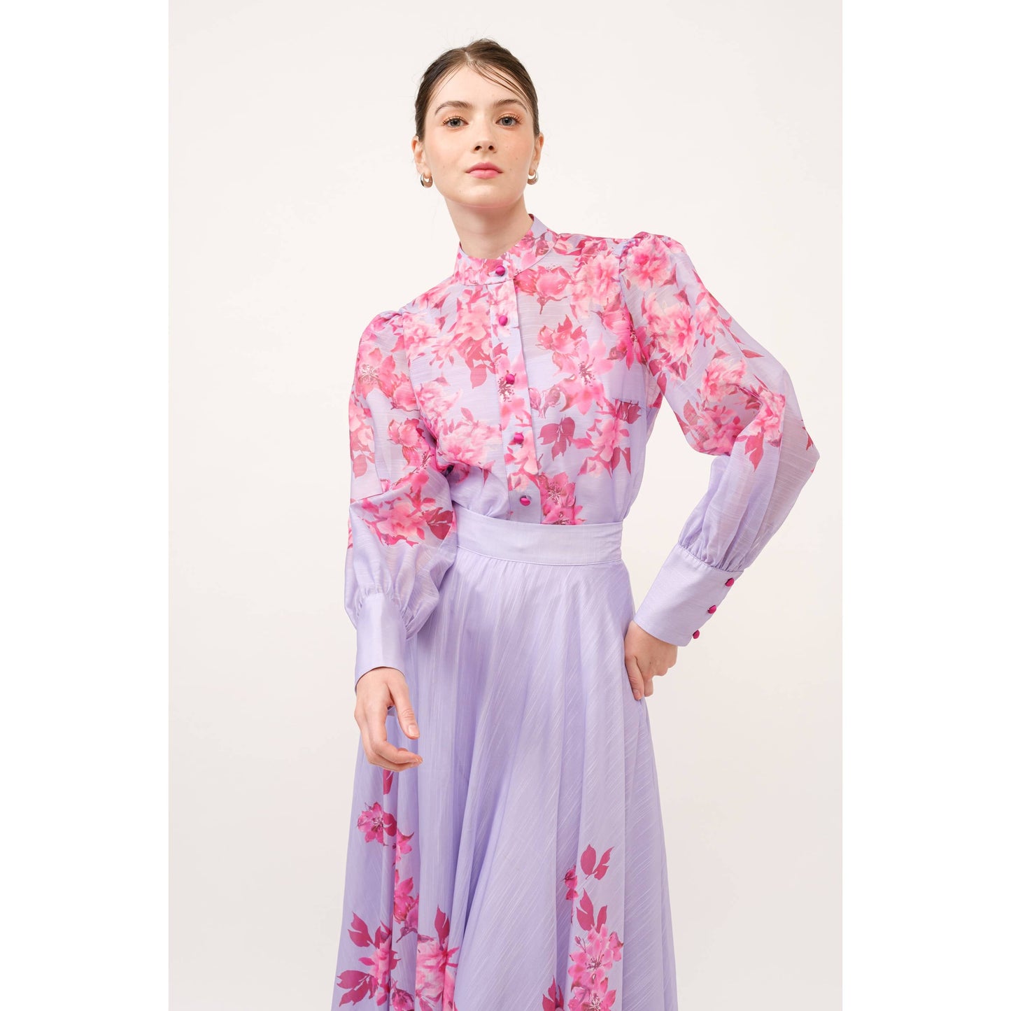 High Neck Floral Print Long Puff Sleeve Blouse - Cool Pinks & Purples