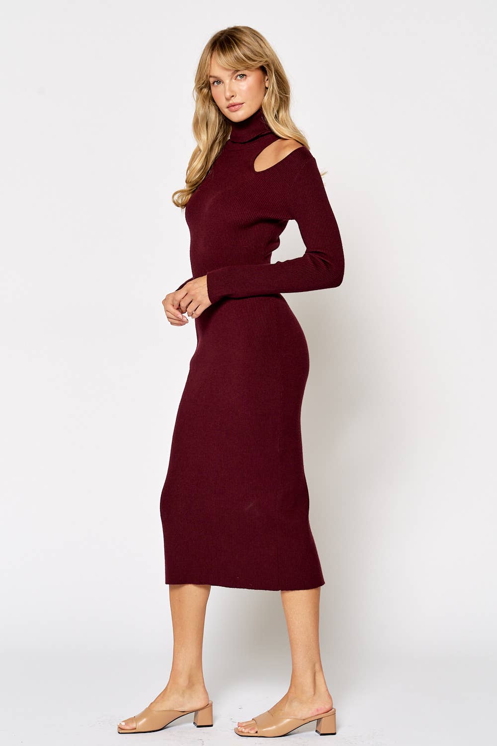 Cut Out Shoulder Turtle Neck Sweater Midi Dress - Deep Damson