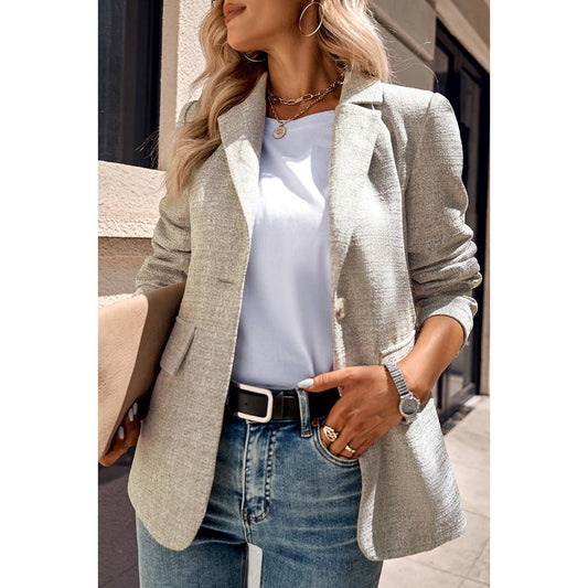 Fit Button Open Front Long Sleeve Solid Blazer: Lizard Grey/Khaki