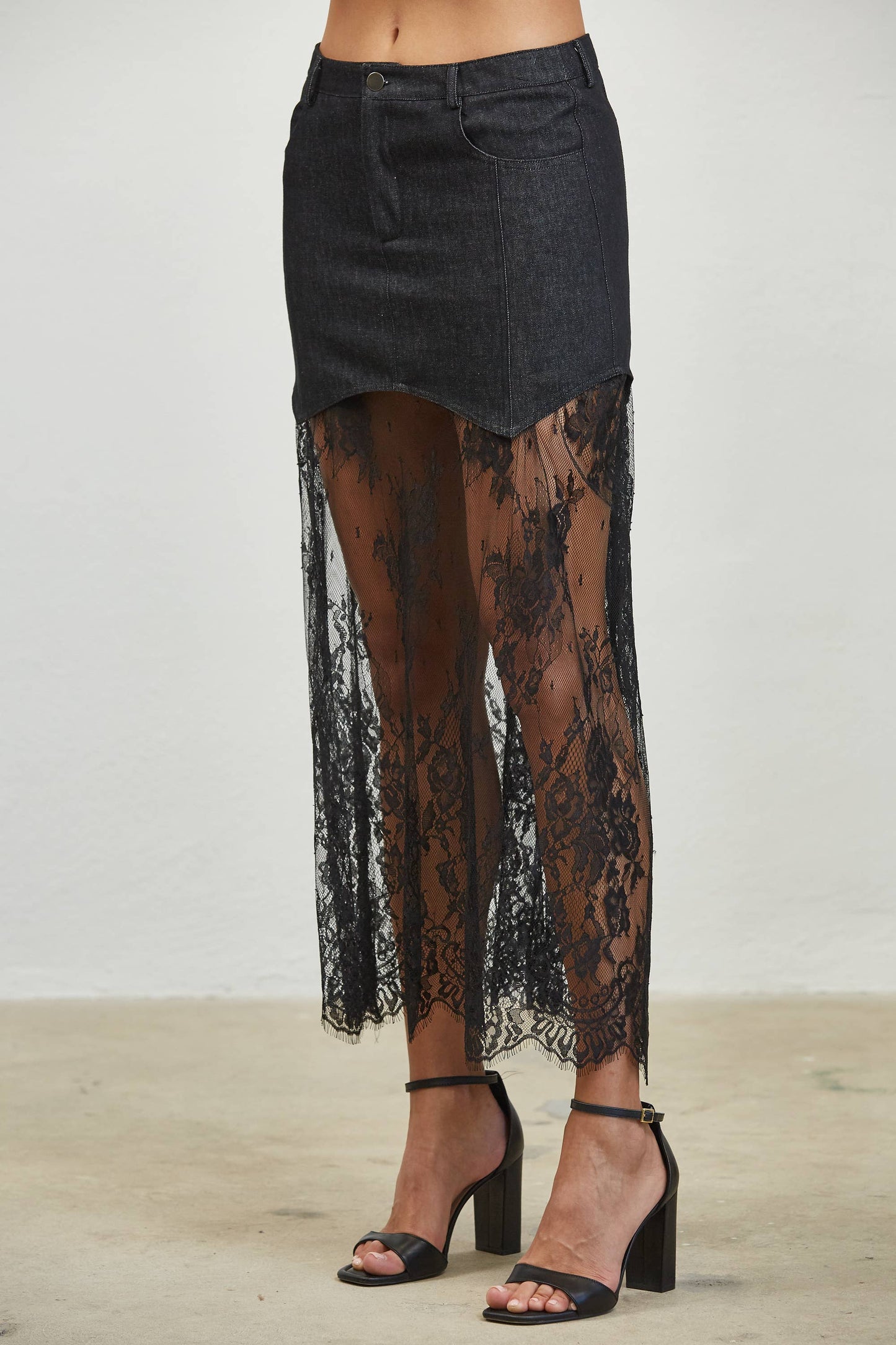 Lace Contrast Denim Maxi Skirt - Black