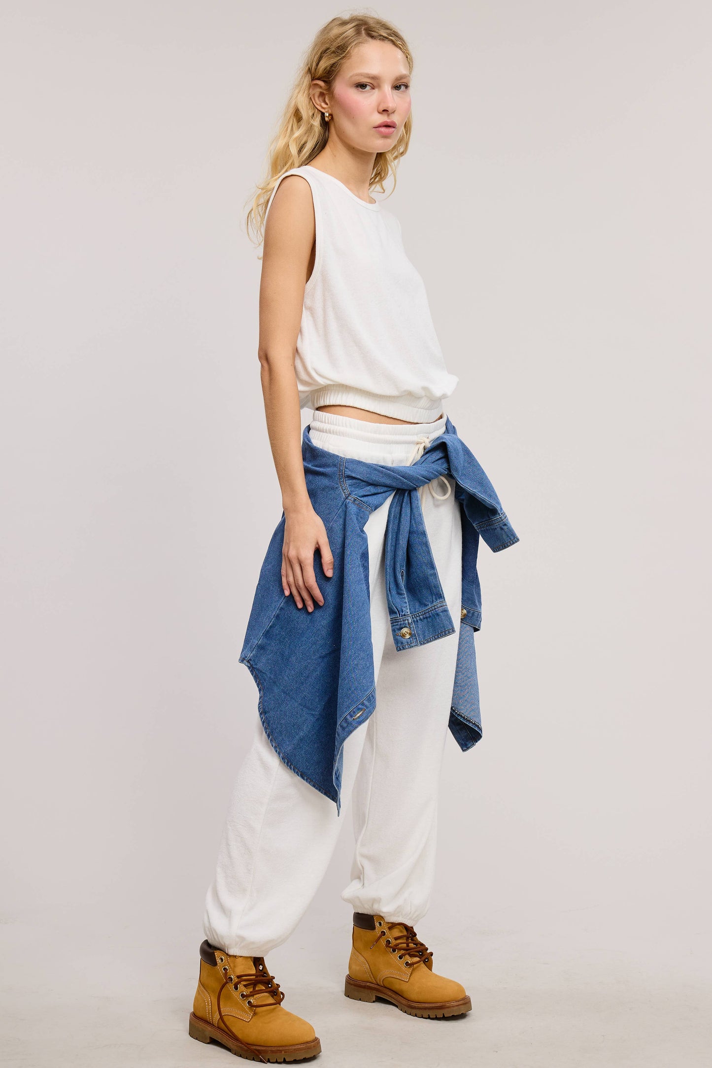 Terry Knit Tank & Jogger Set -  Soft White/Cream