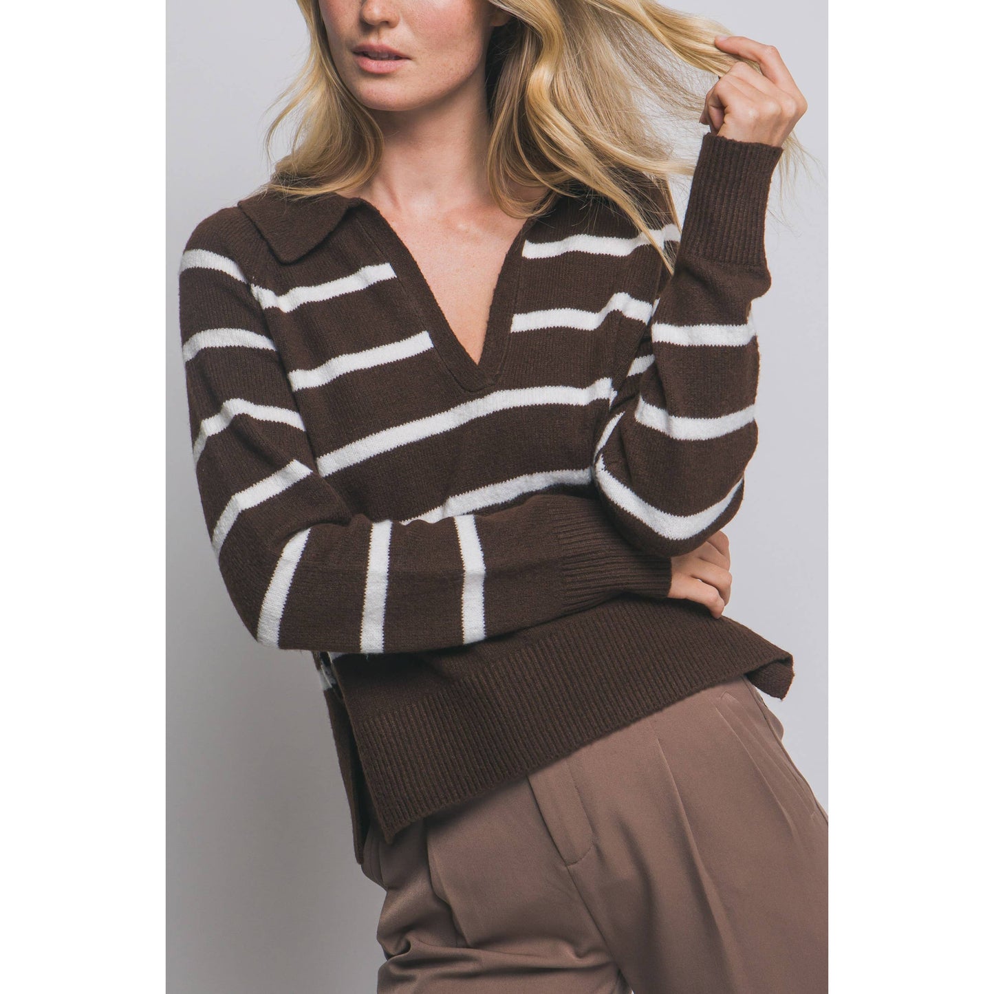 V-Neck Stripe Polo Sweater - Dark Brown/Chocolate