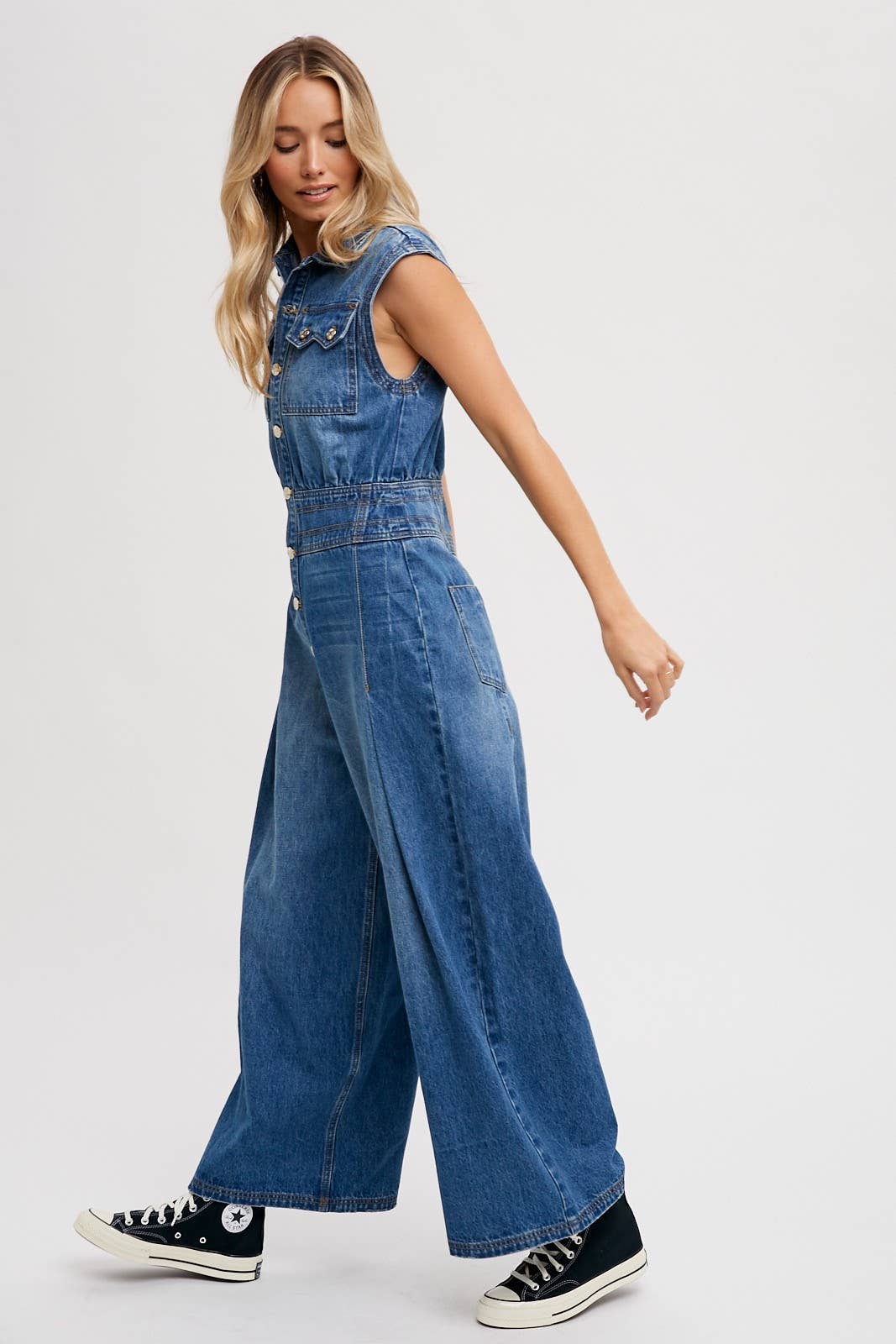 Denim Sleeveless Jumpsuit: Medium Wash FINAL SALE