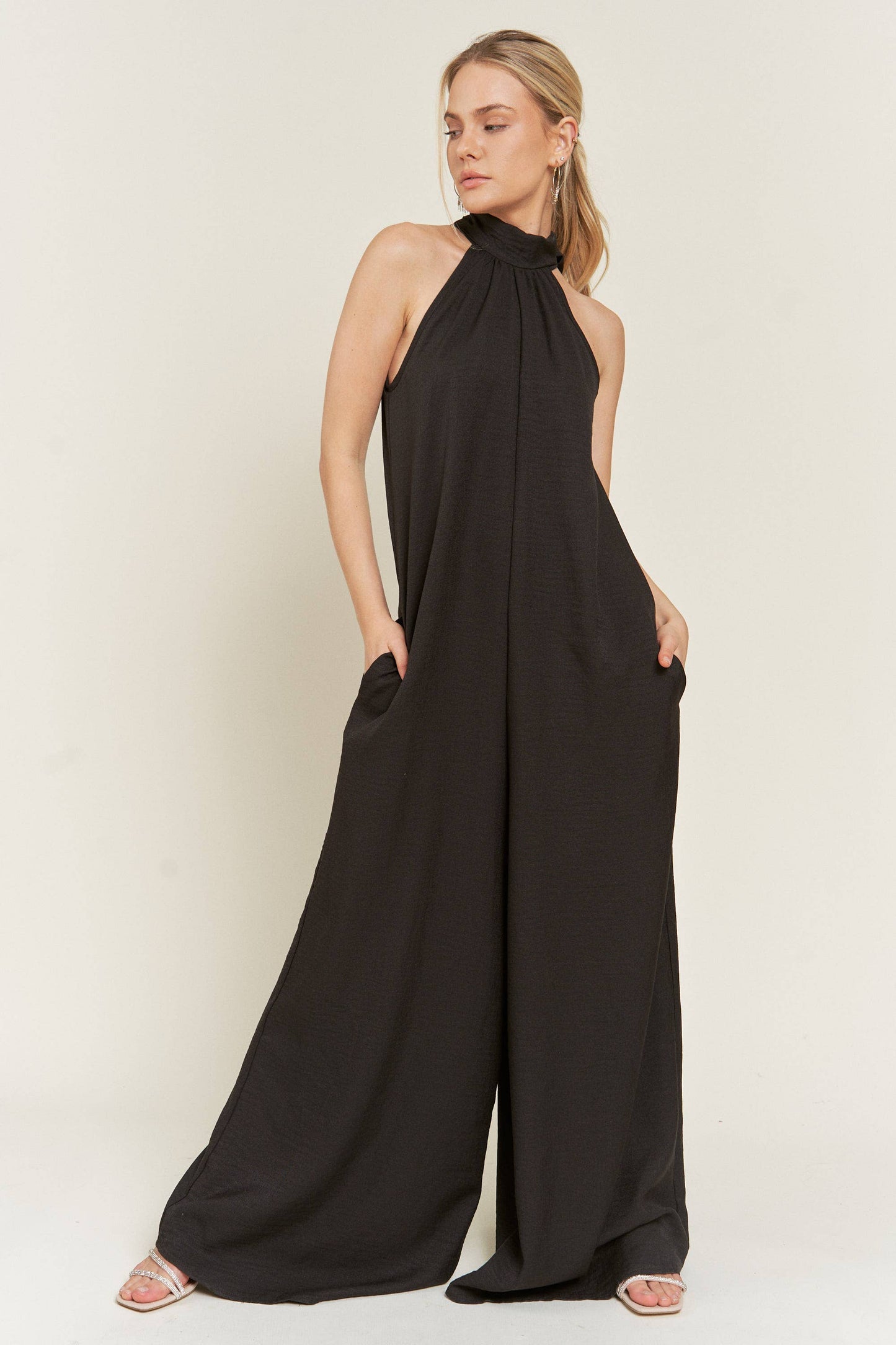 Halter Neck Wide Leg Jumpsuit - Black