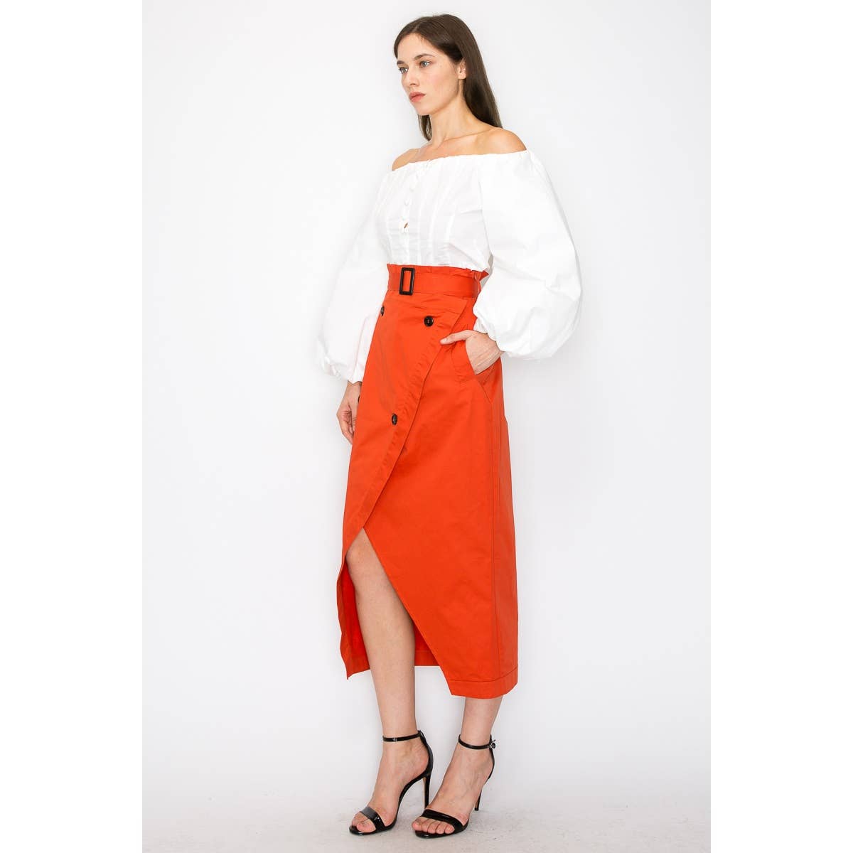 Belted Wrap Front Midi Skirt - Terracotta/Rust