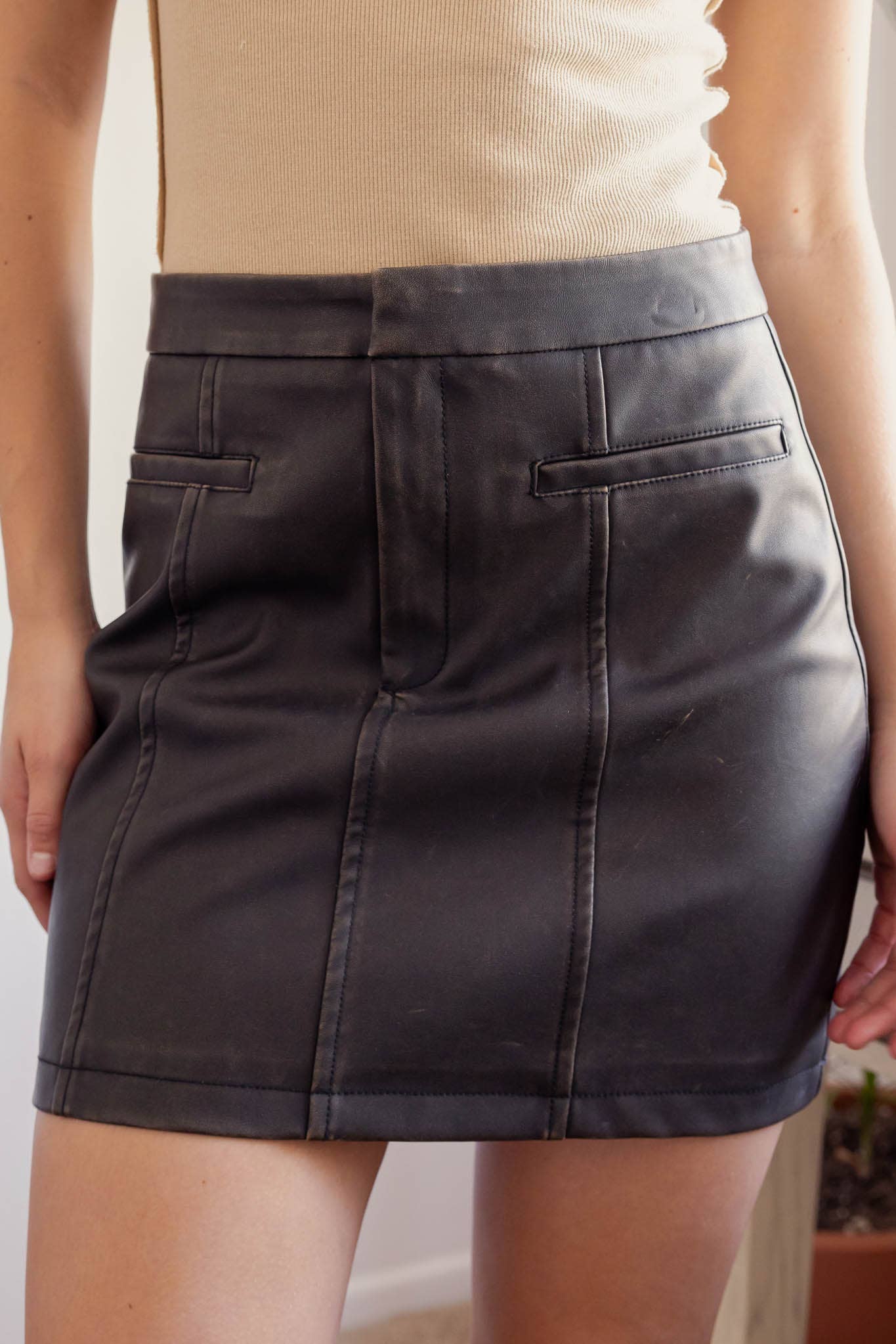 Washed Faux Leather Mini Skirt - Dark Brown