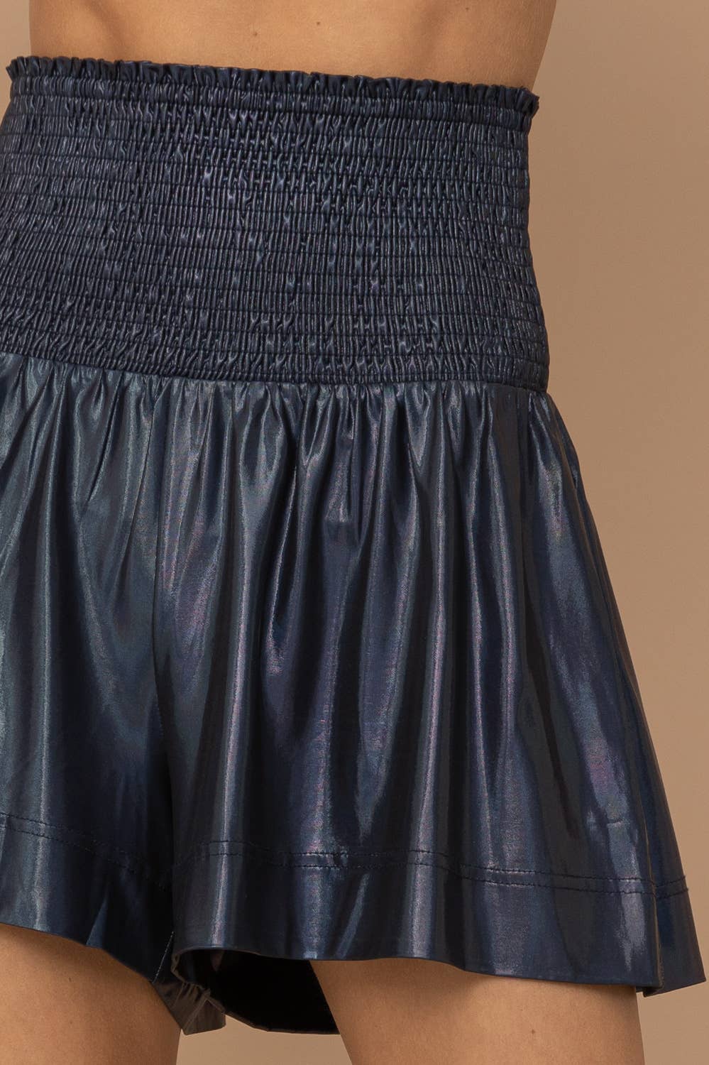 Smocked Waist Metallic Shorts - Marine/French Navy