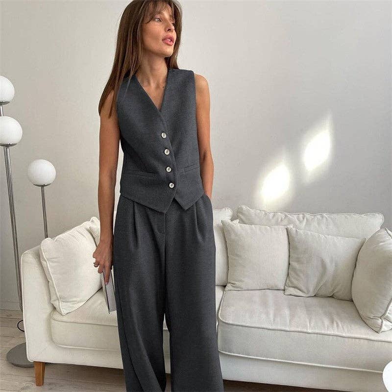 V-Neck Vest And Straight-Leg Pants Suit - Charcoal