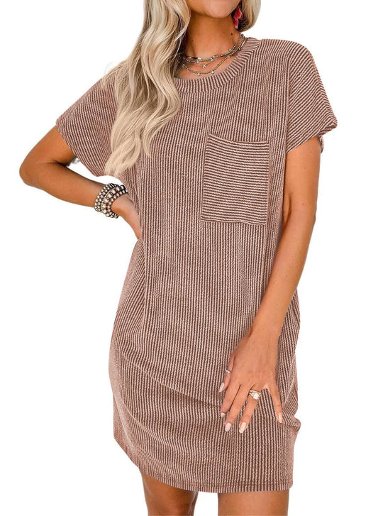 Casual T-shirt Short-sleeved Dress w/ Pockets - Mushroom FINAL SALE