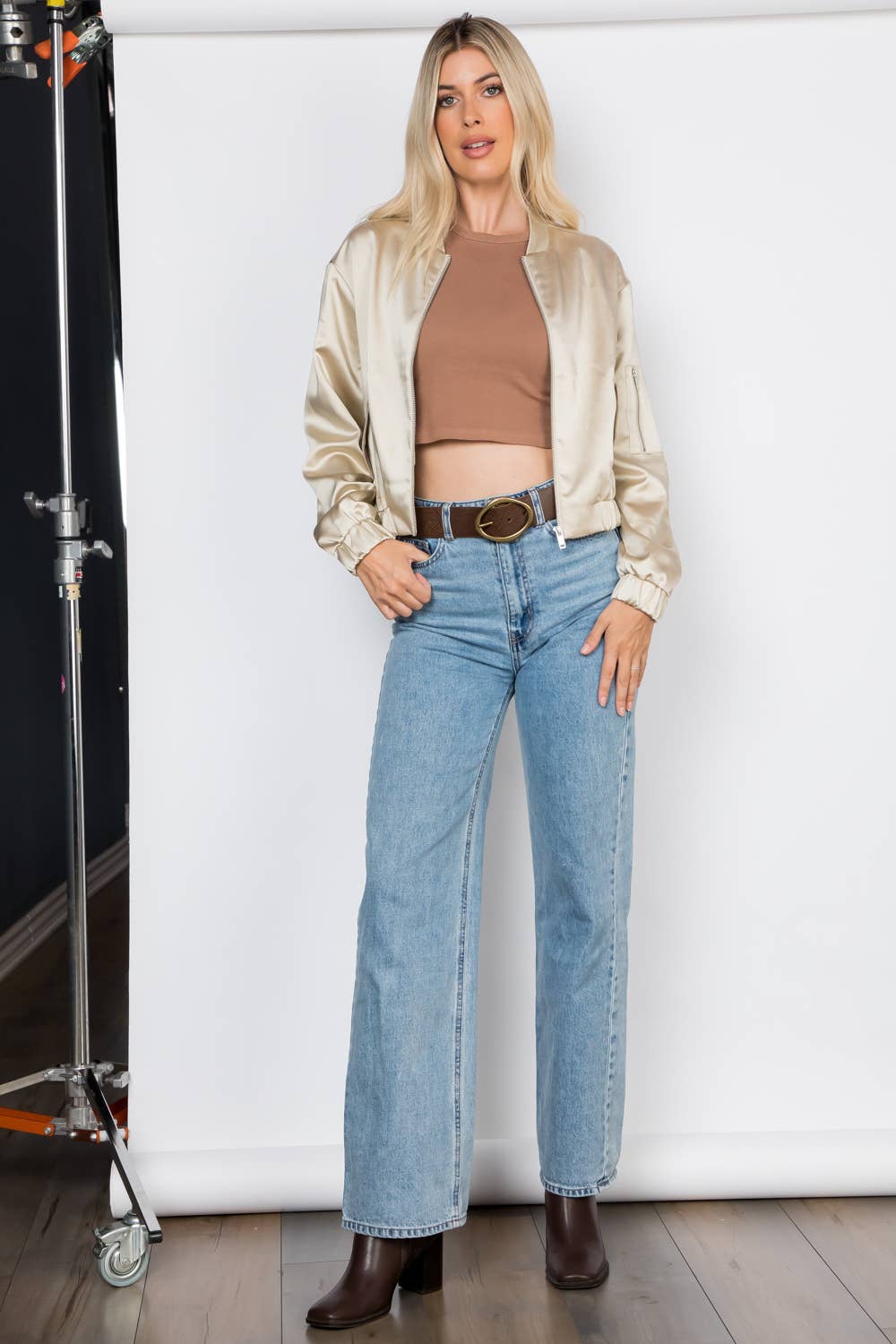Satin Zip Up Bomber Jacket - Stone/Khaki