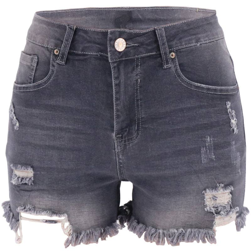 High-rise Ripped Stretch Denim Shorts - Charcoal FINAL SALE