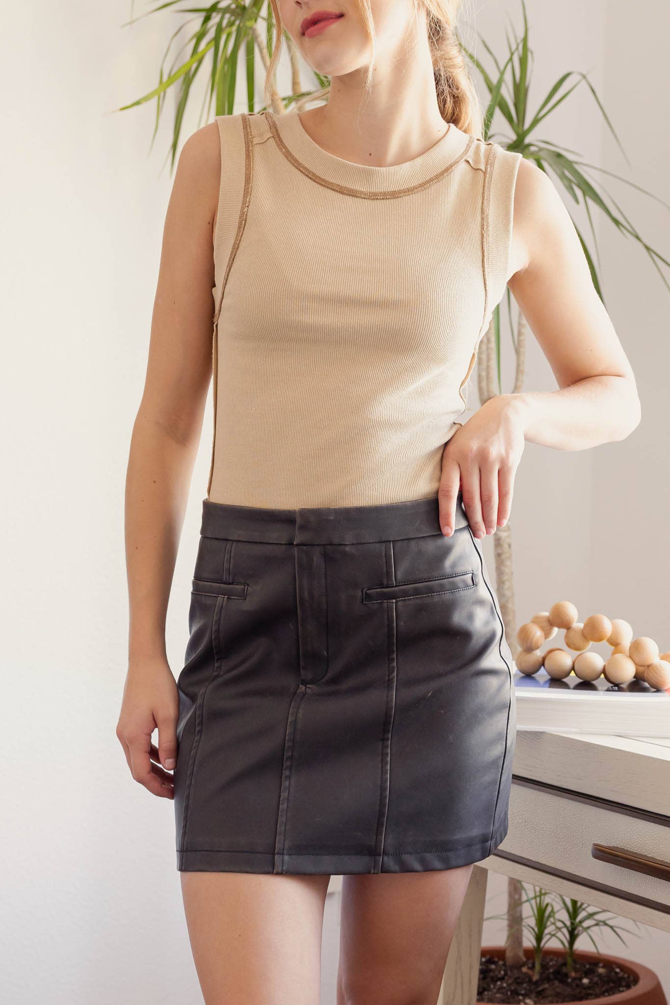 Washed Faux Leather Mini Skirt - Dark Brown