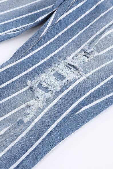 Vertical Striped Ripped Flare Jeans - Smokey Wash