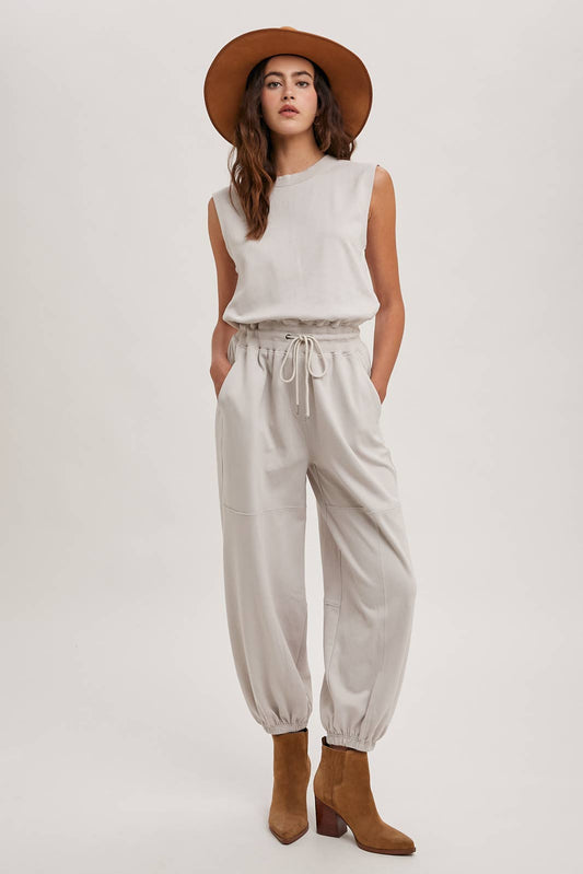 DRAWSTRING WAIST SLEEVELESS JUMPSUIT - Lizard Grey/Taupe