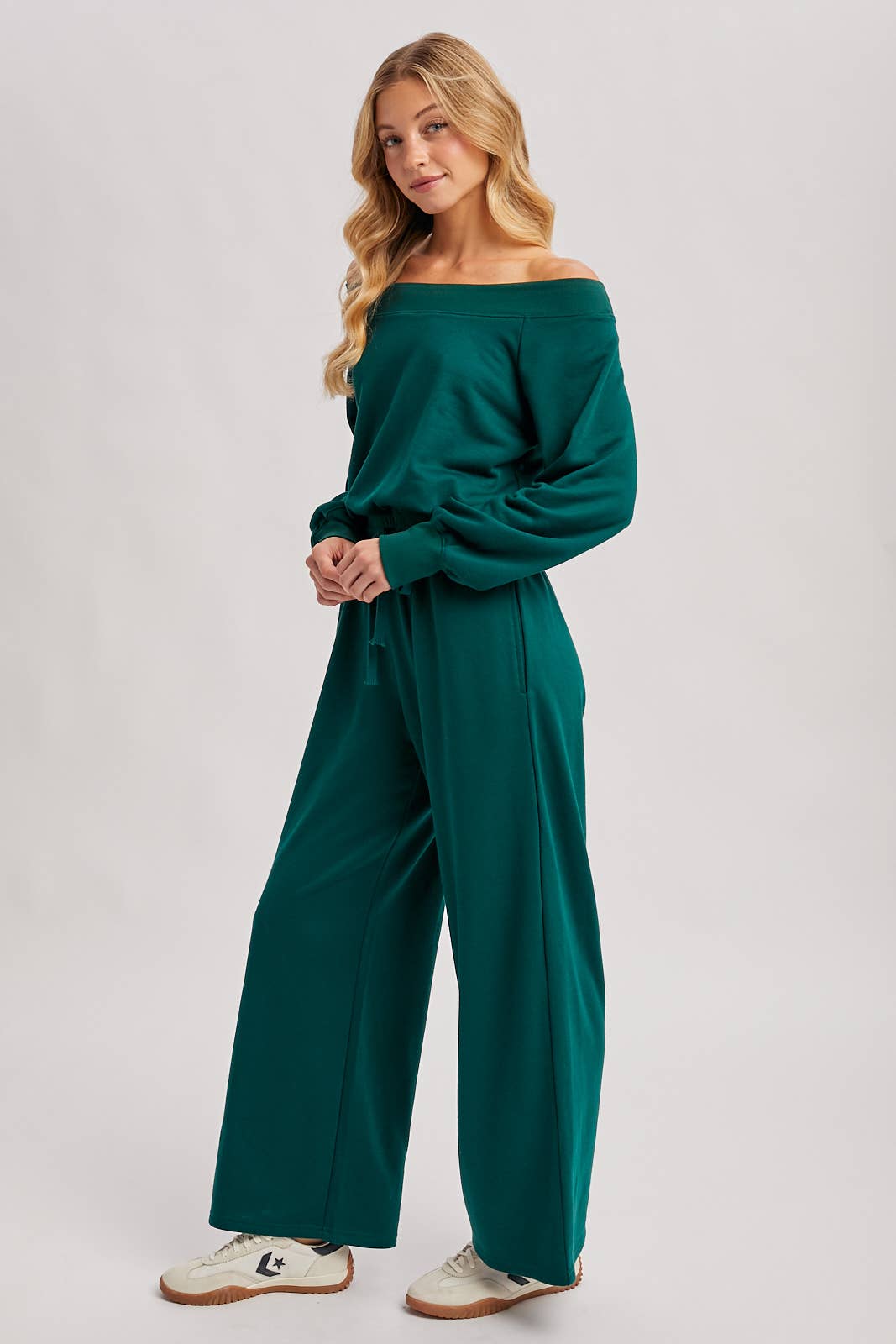 FINAL SALE! Wide Neck Off The Shoulder Knit Jumpsuit: Pine