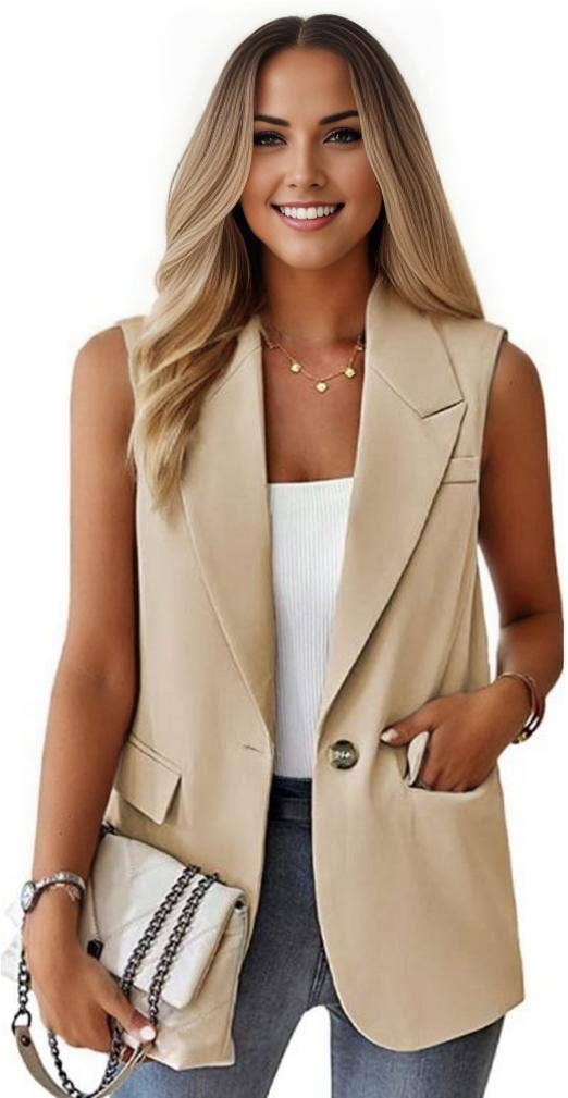 Single Button Vest Blazer - Light Beige