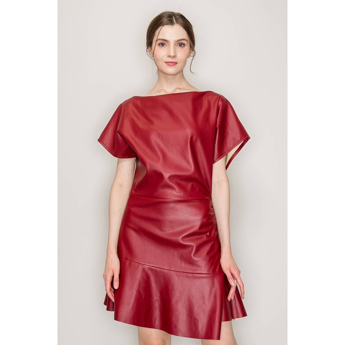 Boat Neck Faux Leather Short Sleeve Mini Dress - Burgundy