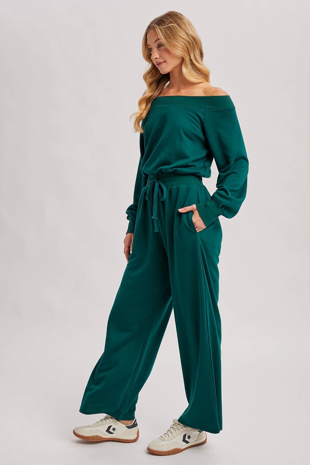 FINAL SALE! Wide Neck Off The Shoulder Knit Jumpsuit: Pine