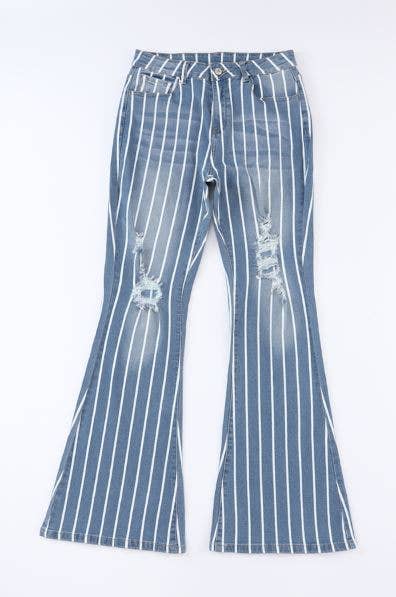 Vertical Striped Ripped Flare Jeans - Smokey Wash