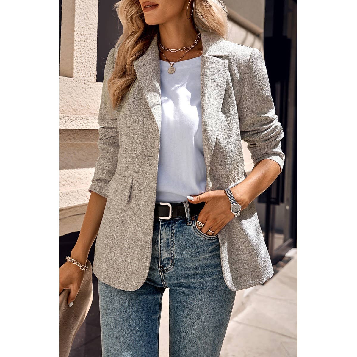 Fit Button Open Front Long Sleeve Solid Blazer: Lizard Grey/Khaki