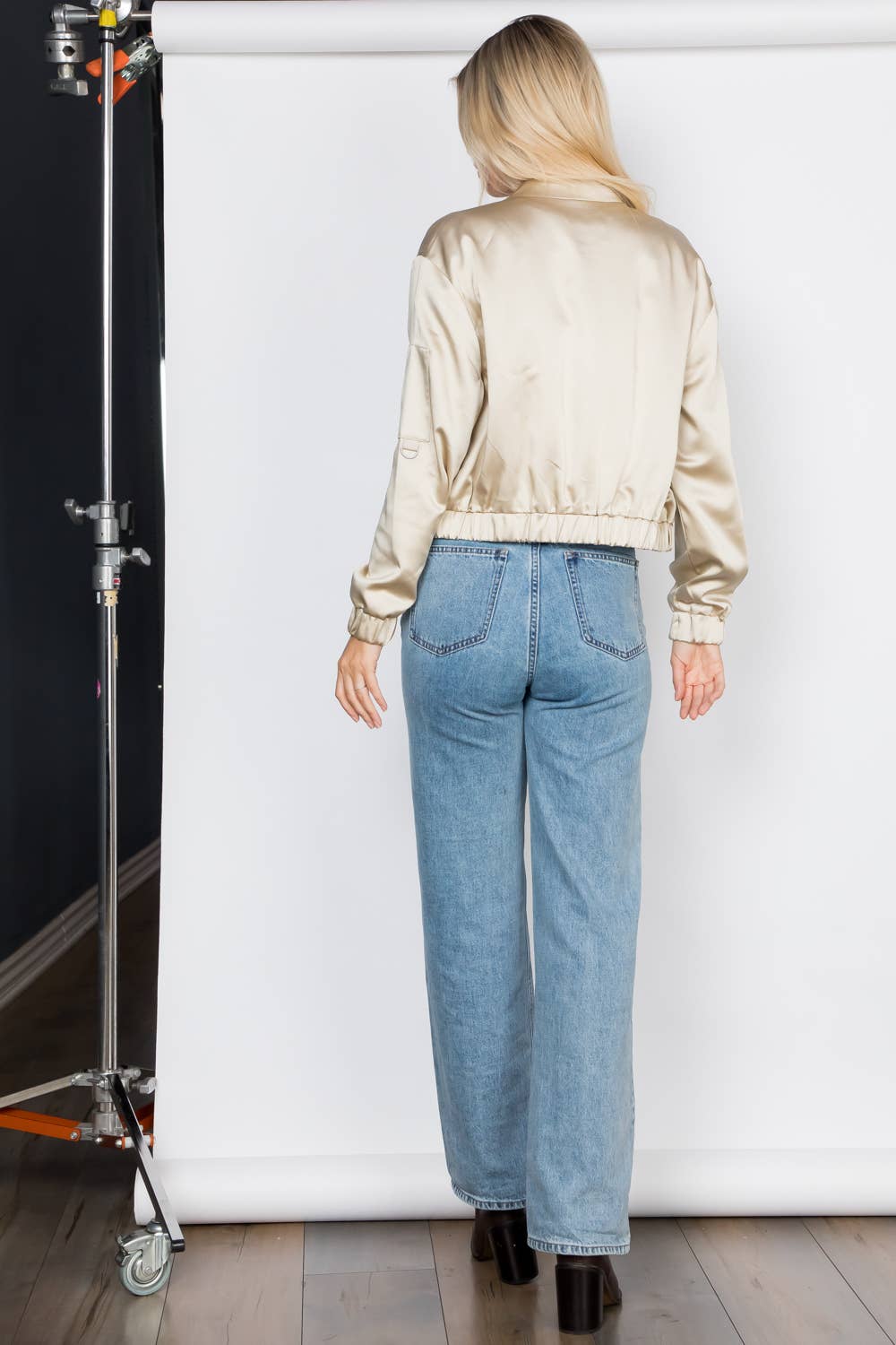 Satin Zip Up Bomber Jacket - Stone/Khaki