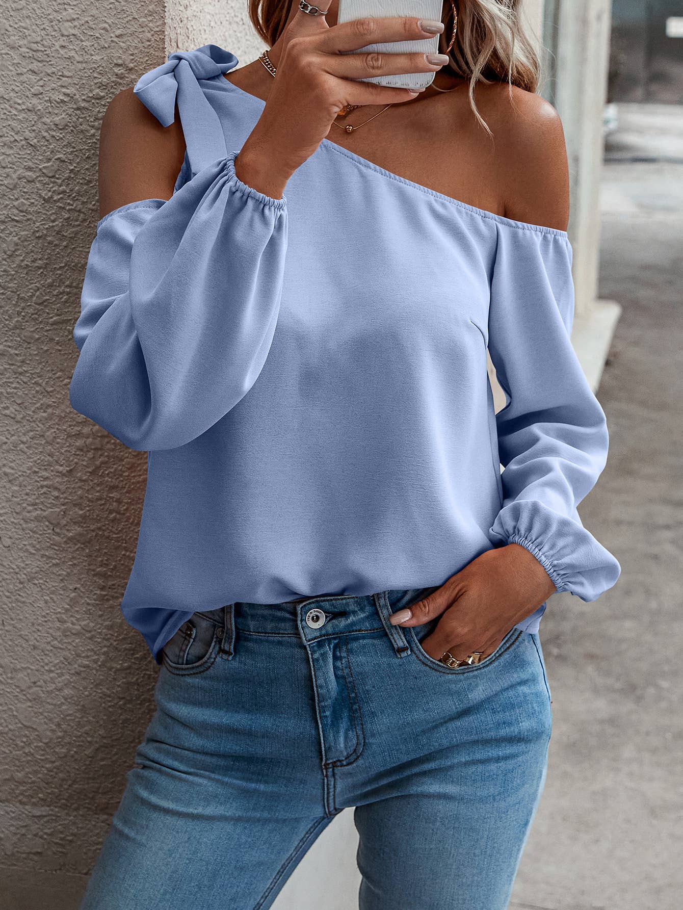 Asymmetrical Cold Shoulder Long Sleeve Blouse - Sky Blue