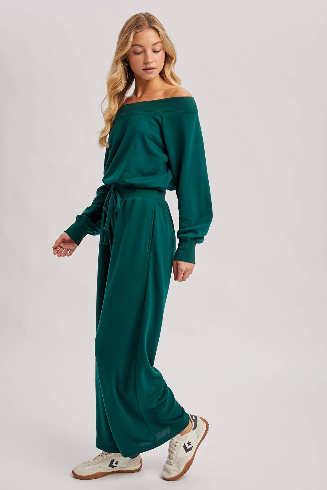 FINAL SALE! Wide Neck Off The Shoulder Knit Jumpsuit: Pine