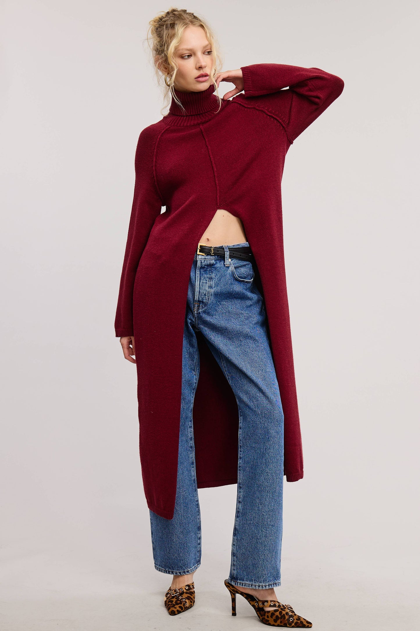 Seam Detail Turtleneck Tunic Sweater w/Slit - Burgundy
