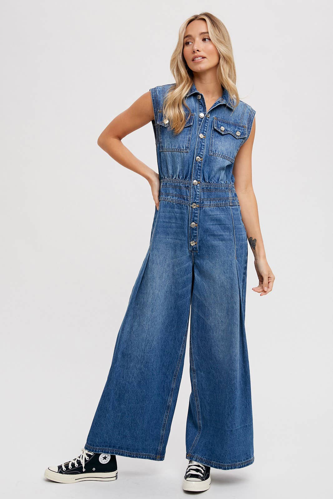 Denim Sleeveless Jumpsuit: Medium Wash FINAL SALE