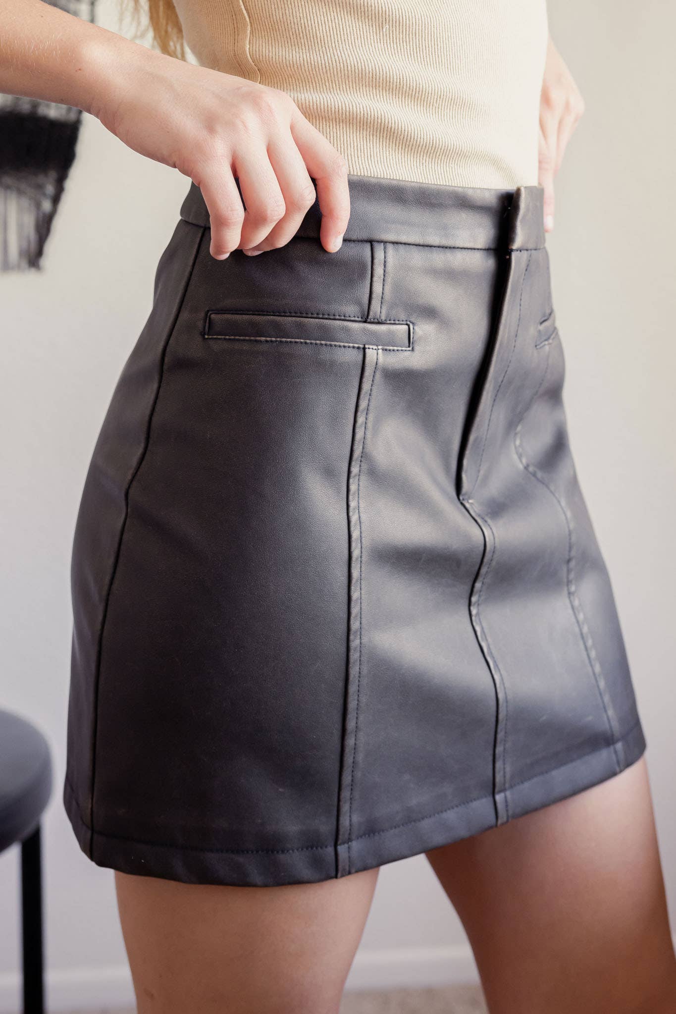 Washed Faux Leather Mini Skirt - Dark Brown